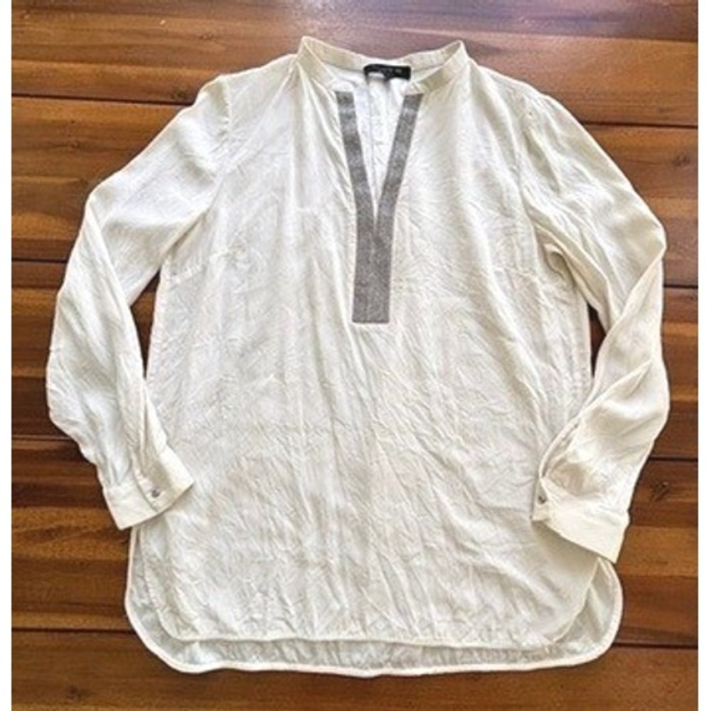 Lafayette 148 New York Ivory 100% Silk Tunic‎ Blouse Beaded Trim Long Sleeve, S